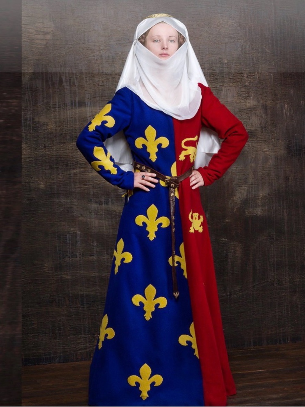 Medieval Fleur-de-Lis Long Dress Blue, Red & Yellow w/ Brass Crown & Headscarf